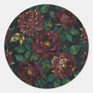 Luxury Burgundy Roses Gold Leaf Floral Classic Round Sticker