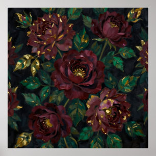 Luxury Burgundy Roses Gold Leaf Floral Poster