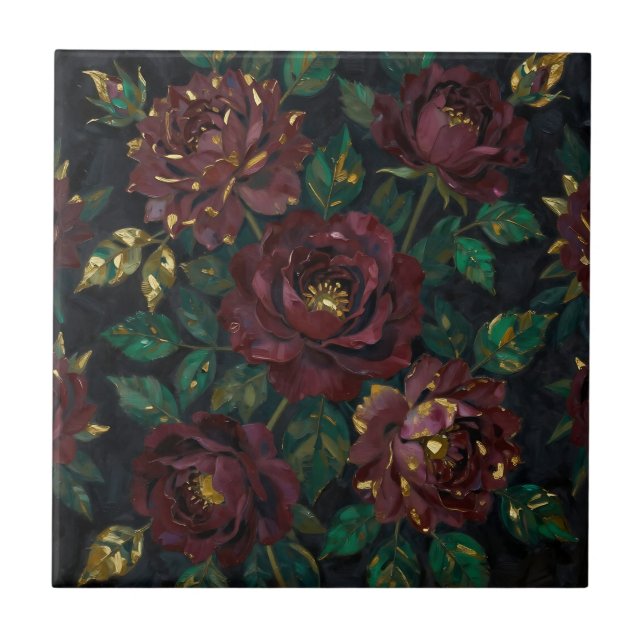 Luxury Burgundy Roses Gold Leaf Floral Tile (Front)