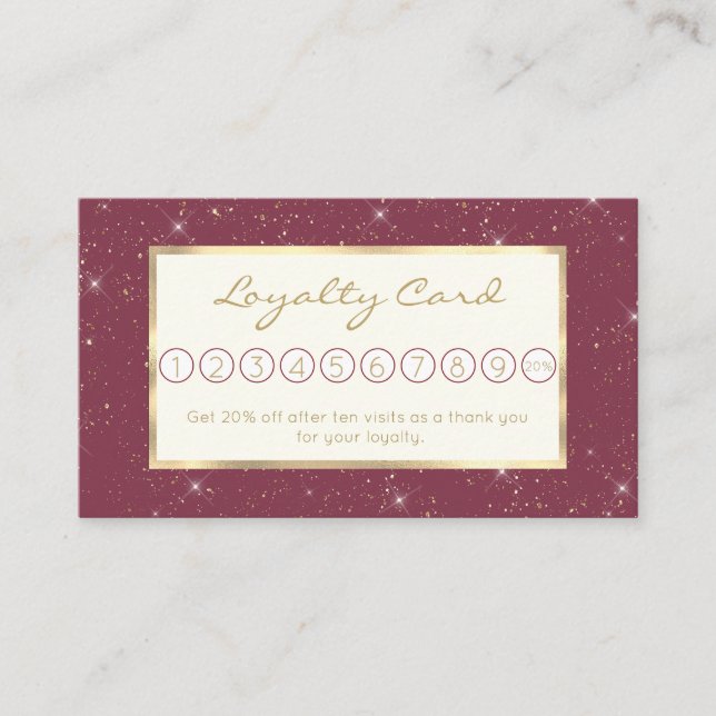 Luxury burgundy sparkle gold glitter confetti loyalty card (Front)