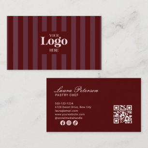 Luxury Burgundy Stripes Pâtisserie Logo QR Code Business Card