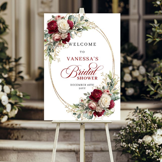 Luxury Burgundy White Floral Boho Bridal Shower  Poster (Luxury Burgundy White Floral Boho Bridal Shower Welcome)