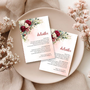 Luxury Burgundy White Floral Gold Wedding Details  Enclosure Card