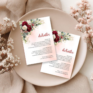 Luxury Burgundy White Floral Gold Wedding Info  Enclosure Card