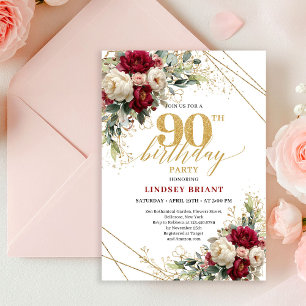 Luxury Burgundy White Roses Gold 90th Birthday  Invitation