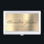 Luxury Busines Gold Foil Modern Business Card Holder<br><div class="desc">Gold Foil Metallic Stainless Steel Minimalist Business Card Holder with white lettered script signature typography for the monogram. The Foil Metal Business Card Holders can be customised with your name. Please contact the designer for customised matching items.</div>