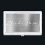 Luxury Busines Silver Foil Modern Business Card Holder<br><div class="desc">Silver Foil Metallic Stainless Steel Minimalist Business Card Holder with white lettered script signature typography for the monogram. The Foil Metal Business Card Holders can be customised with your name. Please contact the designer for customised matching items.</div>