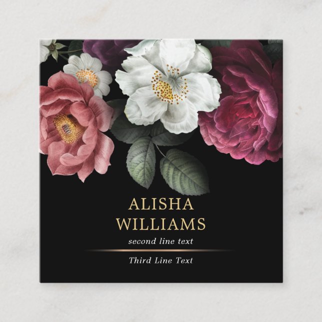 Luxury Business Floral Black Gold Square Business Card (Front)