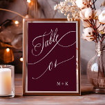 Luxury Calligraphy Burgundy Wedding Number 1,  Table Number<br><div class="desc">Table 1. Please check all available numbers. | Luxury and elegant swirly calligraphy wedding table number with your initials.  For more advanced customisation of this design,  please click the BLUE DESIGN TOOL BUTTON above!</div>