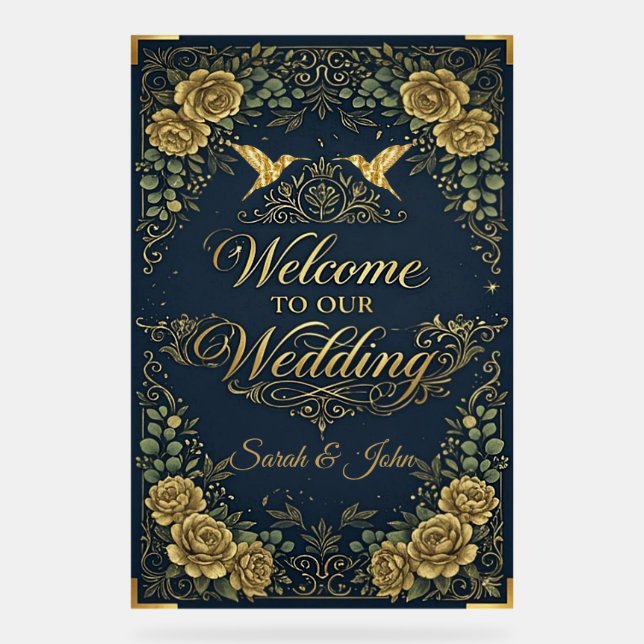 Luxury calligraphy gold naval welcome weddign   acrylic sign (Front)