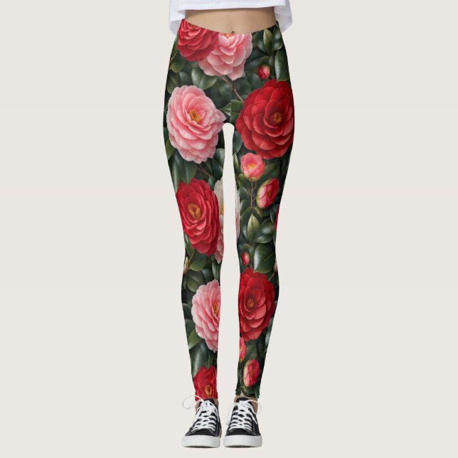 Luxury Camellia Blossom Foliage Leggings (Front)