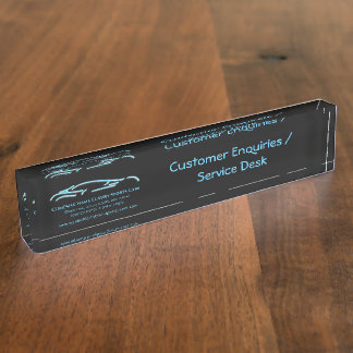 Luxury Car logo - Ice Blue Sports Car on black Nameplate