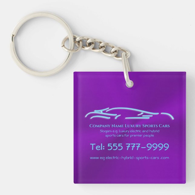 Luxury Car logo - Ice Blue Sports Car on purple Key Ring (Front)