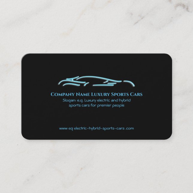Luxury Car logo - Ice Blue Sportscar on black Business Card (Front)