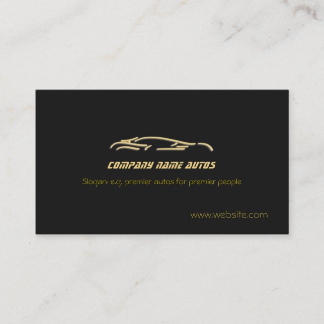 Luxury Car Trade - Gold Sportscar, black template Business Card (Front)