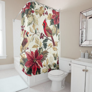 Luxury Cardinal Poinsettia Christmas Cream Red Shower Curtain