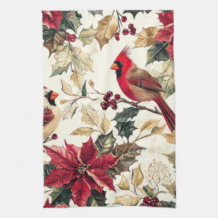 Luxury Cardinal Poinsettia Christmas Cream Red Tea Towel