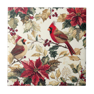 Luxury Cardinal Poinsettia Christmas Cream Red Tile