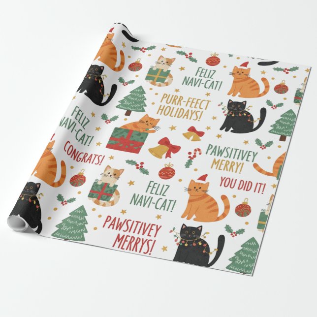 Luxury Cat Christmas Wrapping Paper Festive Feline (Unrolled)