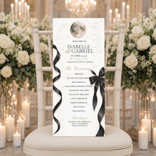 Luxury Celestial Moon Black Bow Wedding Program  Menu (Creator Uploaded)