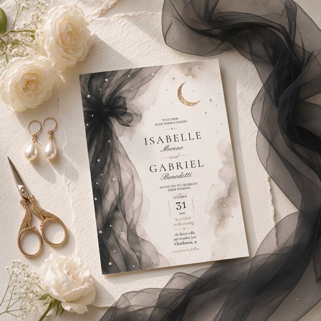 Luxury Celestial Moon | Black Tulle Bow Crescent  Invitation (Creator Uploaded)