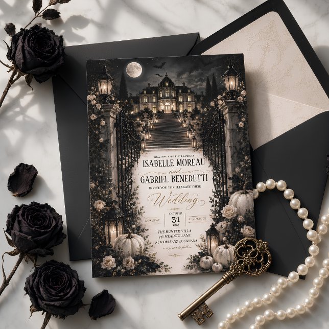 Luxury Celestial Moon Gothic Mansion Halloween Invitation (Creator Uploaded)