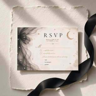 Luxury Celestial Moon Wedding Black Tulle Bow RSVP Card