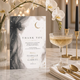 Luxury Celestial Moon Wedding Black Tulle Bow Thank You Card