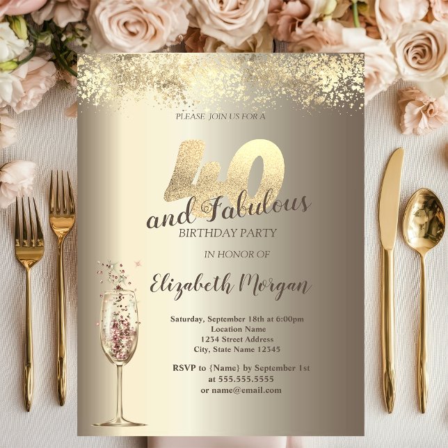 Luxury Champagne Glass Gold Confetti 40th Birthday Invitation (Creator Uploaded)