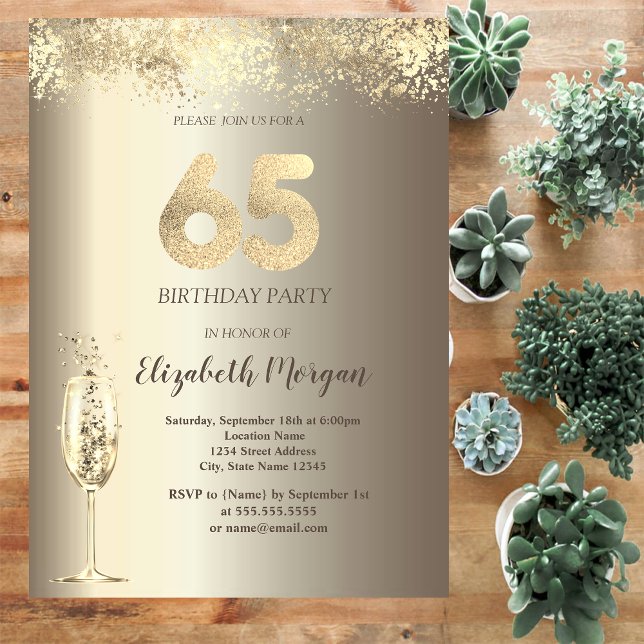 Luxury Champagne Glass Gold Confetti 65th Birthday Invitation (Creator Uploaded)