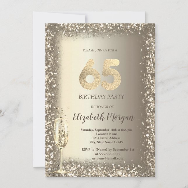 Luxury Champagne Glass Gold Confetti Frame 65th  Invitation (Front)