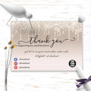 Luxury Champagne Gold Dripping Glitter Business Thank You Card