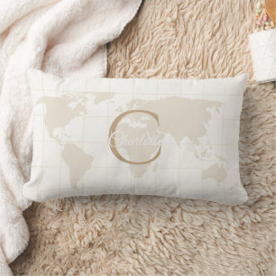 Luxury Champagne Gold Map Monogram Initial Lumbar Cushion