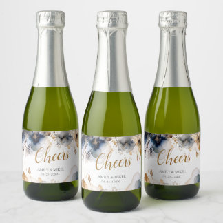 Luxury Cheers Floral Navy Blue  Sparkling Wine Label