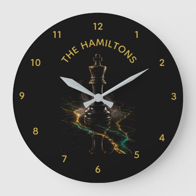Luxury Chess King Emerald Gold Custom Name Large Clock (Front)