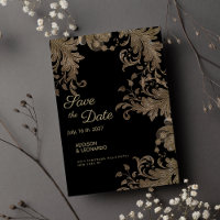 Luxury chic black gold floral lace Save the Date 