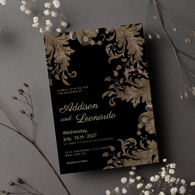 Luxury chic black gold floral lace Wedding Invitation (Luxury chic black gold floral lace Wedding )