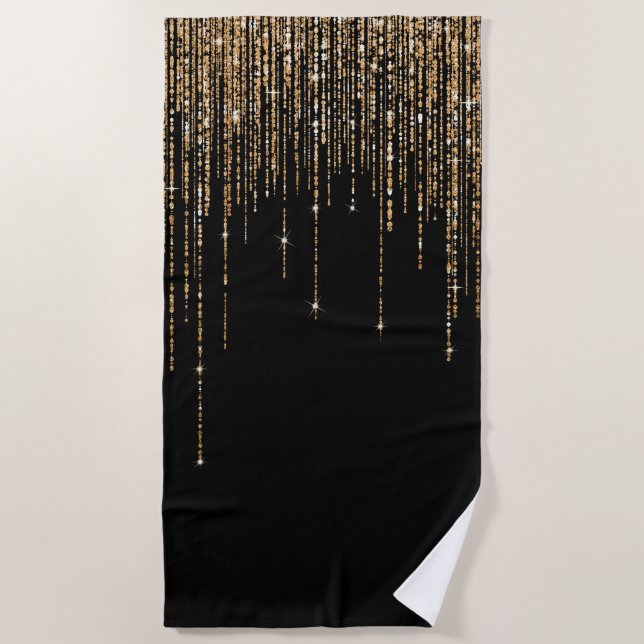 Luxury Chic Black Gold Sparkly Glitter Fringe Beach Towel (Front)