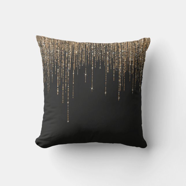 Luxury Chic Black Gold Sparkly Glitter Fringe Cushion (Front)