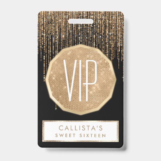 Luxury Chic Black Gold Sparkly Glitter Fringe ID Badge (Front)