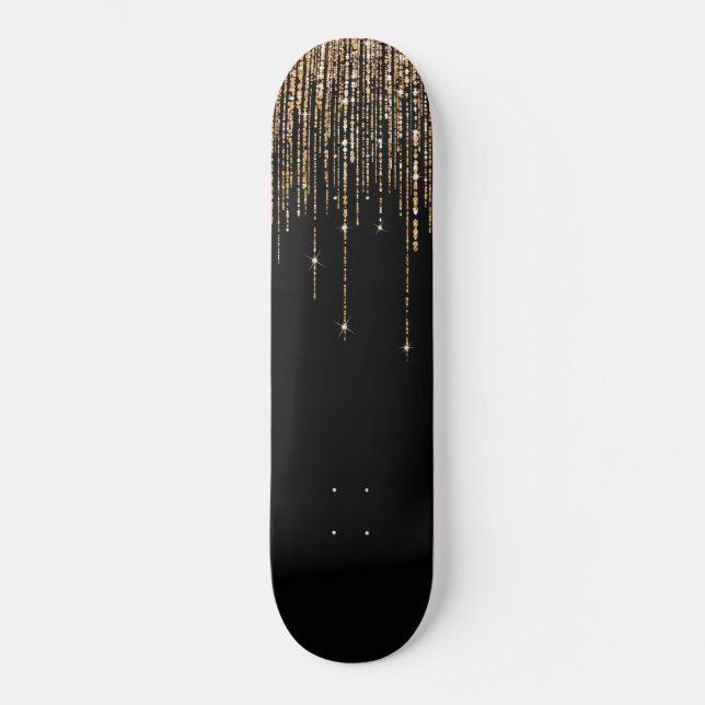 Luxury Chic Black Gold Sparkly Glitter Fringe Skateboard (Front)