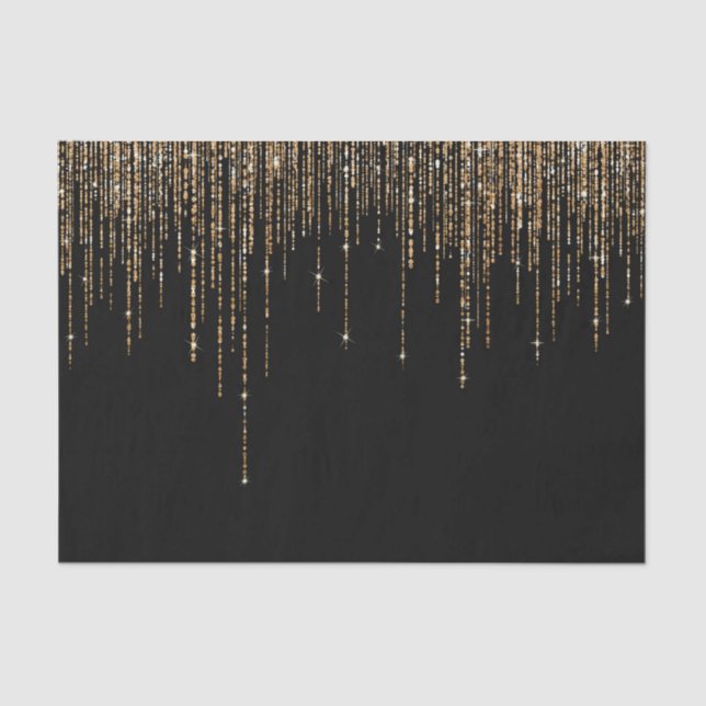 Luxury Chic Black Gold Sparkly Glitter Fringe Tissue Paper (Front)