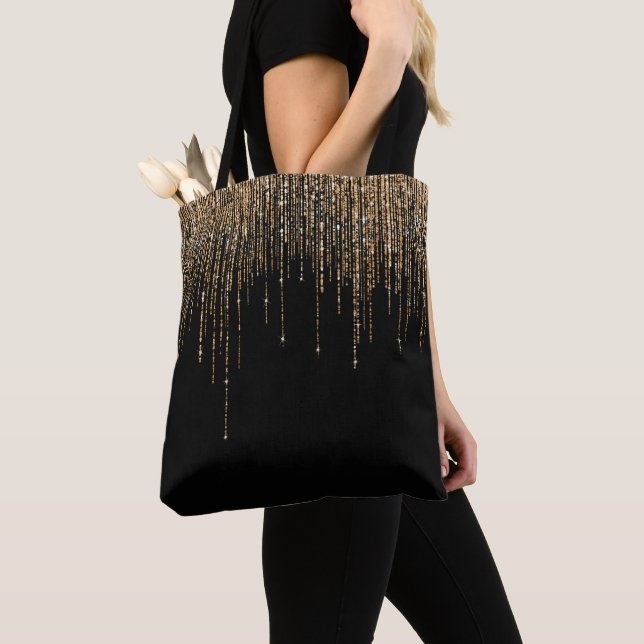 Luxury Chic Black Gold Sparkly Glitter Fringe Tote Bag (Close Up)