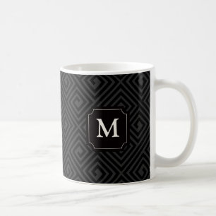 Luxury Chic Black Grey Greek Key Pattern Monogram Coffee Mug