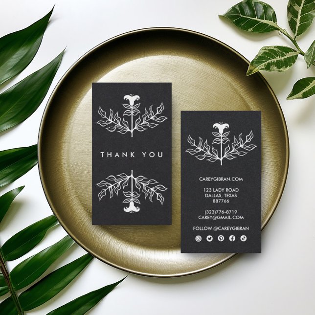 Luxury Chic Elegant Lily Order Thank You Purchase Business Card (Custom order thank you card with luxe dark paper and minimalist lily design. Social icons)