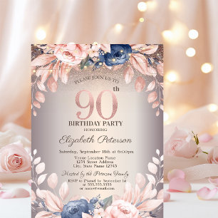 Luxury Chic Floral,String Lights 90th Birthday Invitation