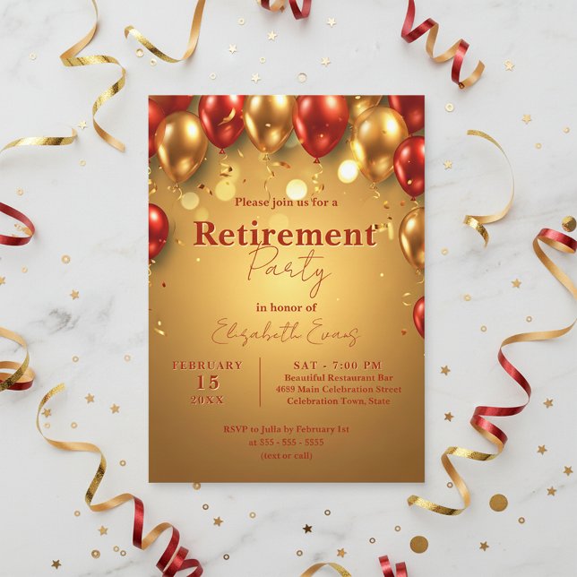 Luxury Chic Gold and Red Balloons Retirement Party Invitation (Creator Uploaded)