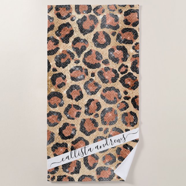 Luxury Chic Gold Black Brown Leopard Animal Print Beach Towel (Front)