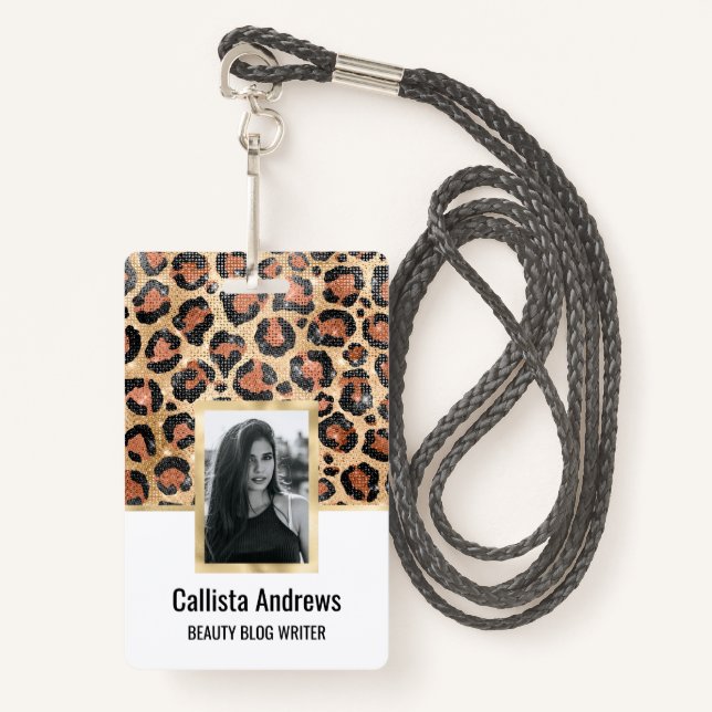 Luxury Chic Gold Black Brown Leopard Animal Print ID Badge (Front with Lanyard)