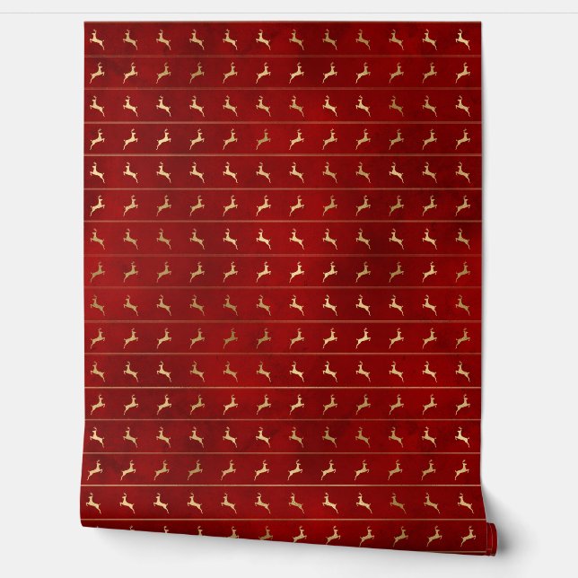 Luxury Chic Gold Reindeer Red Christmas Holidays Wallpaper (Unrolling)